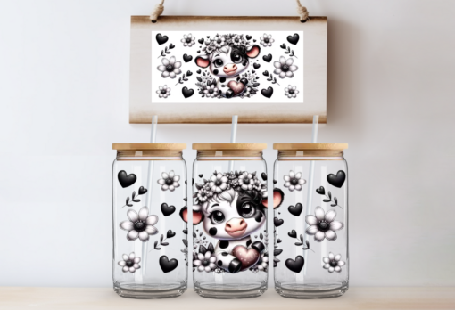 UV DTF Wrap- Black & White Highland Cow W/ Hearts
